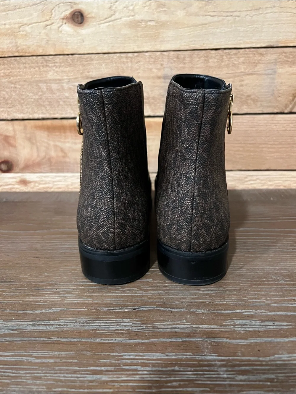 Michael Kors Lainey Black Leather & Brown Logo Zip Ankle Booties